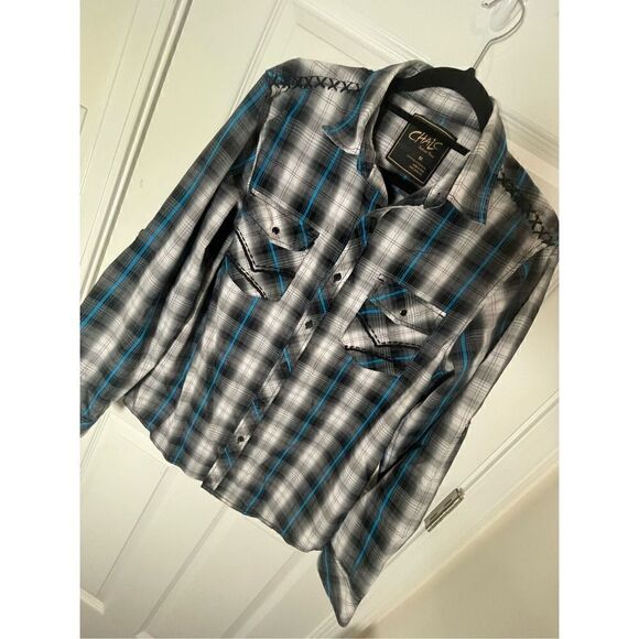 Chalc mens button down shirt western size medium black blue white - Picture 1 of 7
